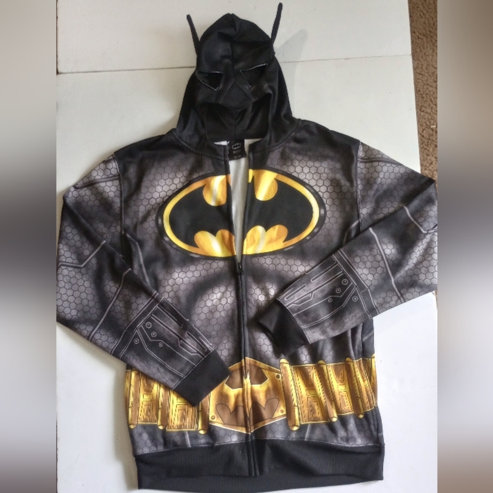 Batman with masked hood. Large zip up light jacket.